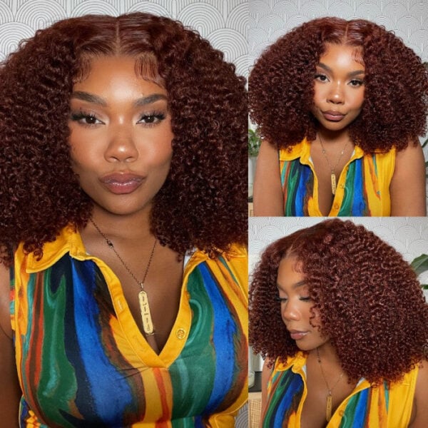 Sunber Kinky Curly Reddish Brown 6x4.75 Pre-Cut Lace Closure Wig Human Hair Glueless Wig - 24 / 6*4.75 Pre-Cut-With Baby Hair / 200%