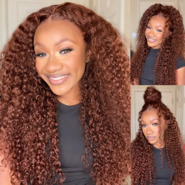 Sunber Kinky Curly Reddish Brown 6x4.75 Pre-Cut Lace Closure Wig Human Hair Glueless Wig - 24 / 6*4.75 Pre-Cut-With Baby Hair / 200%