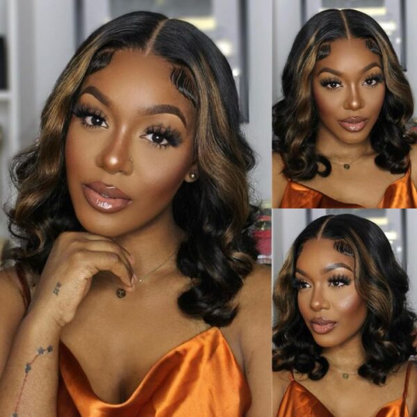 38263acb54ea6e78d5e5de6e8237139b Wear&Go 1B/27# Piano Highlights Color Body Wave Transparent Lace Wig Short Bob Human Hair Wig - 4x4 / 150% / 10inch