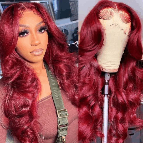 3_2_7b74729f-7bb6-4701-876d-d9156b7f79a4 #99J Burgundy Color Wig Body Wave Wig 4x4/13x4/13x6 Lace Front Wig Pre-Cut 150% Density - 13x4 Lace / No / 18inch
