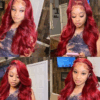 3_3_6c47b043-fb59-416e-9b7a-3ec187bd827f #99J Burgundy Color Wig Body Wave Wig 4x4/13x4/13x6 Lace Front Wig Pre-Cut 150% Density - 13x4 Lace / No / 18inch