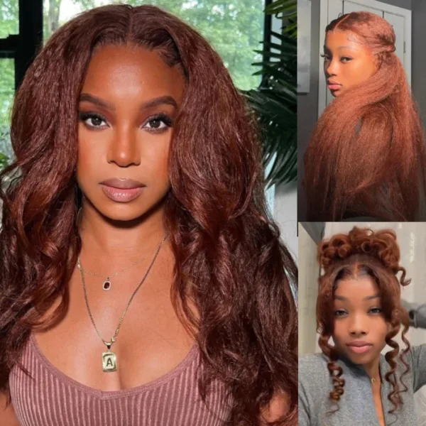 3_44359c77-09c1-4b55-ac24-d6ca237fd370 50% OFF Sunber Kinky Straight Reddish Brown Lace Front Wig Dark Auburn Copper Color Human Hair Wigs - 24 / 13*4 Lace Frontal