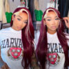 Blond With Burgundy Highlights Color 13x4 Transparent Lace Pre-plucked Human Hair Wigs - No / 180% / 18inch