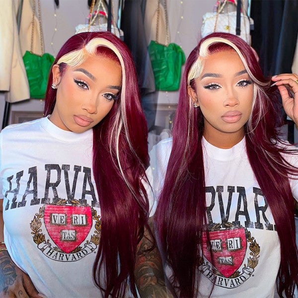 Blond With Burgundy Highlights Color 13x4 Transparent Lace Pre-plucked Human Hair Wigs - No / 180% / 18inch