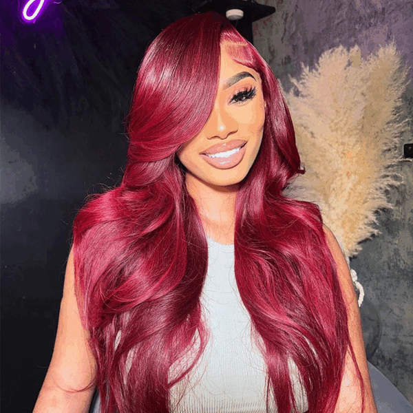 61303 #99J Burgundy Color Wig Body Wave Wig 4x4/13x4/13x6 Lace Front Wig Pre-Cut 150% Density - 13x4 Lace / No / 18inch