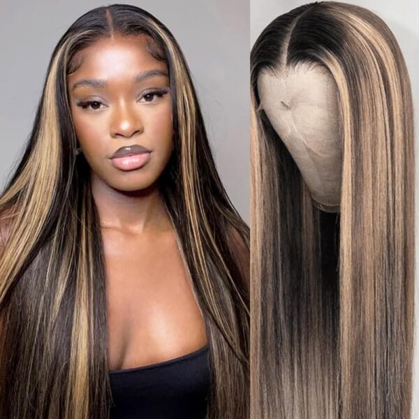 61u4BEH4kbL._SL1000 Pre-Cut Lace Wear Go Glueless Wig Black With Honey Blonde Piano Color Straight Breathable - 5x5 Lace / 150% Density / 26 inch