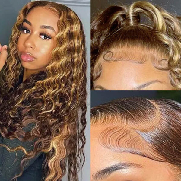 7_72e99151-c468-45df-b62d-ec3bcae6c82a Honey Blonde Piano Highlight Color 180% Density Deep Wave13x4 Lace Front Transparent Frontal HD Lace Wig - 13x6 Lace / Yes(+) / 32inch