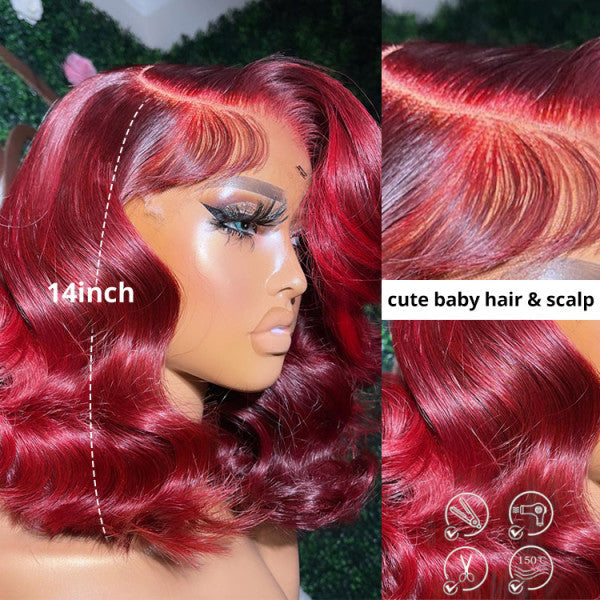 99JBOBbodywave-3_f3bc232b-b66d-4e78-aef3-90d656b34965 Burgundy Color Short Body Wave Bob Wigs Glueless HD 4x4 Lace Front Wigs Human Hair For Woman - 4x4 Lace / 150% / 12inch