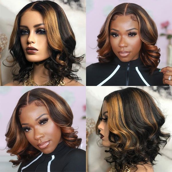 9b38f015d46c356bf0b018ac38dffacb Wear&Go 1B/27# Piano Highlights Color Body Wave Transparent Lace Wig Short Bob Human Hair Wig - 4x4 / 150% / 10inch