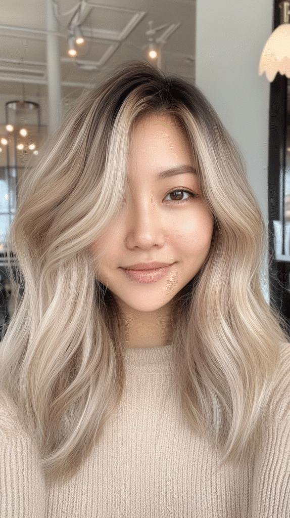 Medium-length soft waves in ashy champagne blonde with a balance of cool and golden undertones.