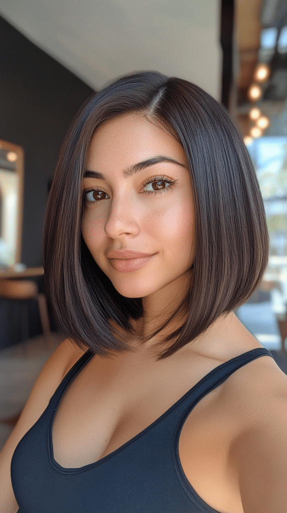 A chin-length bob with one side longer than the other, styled straight for a modern, edgy shape.
