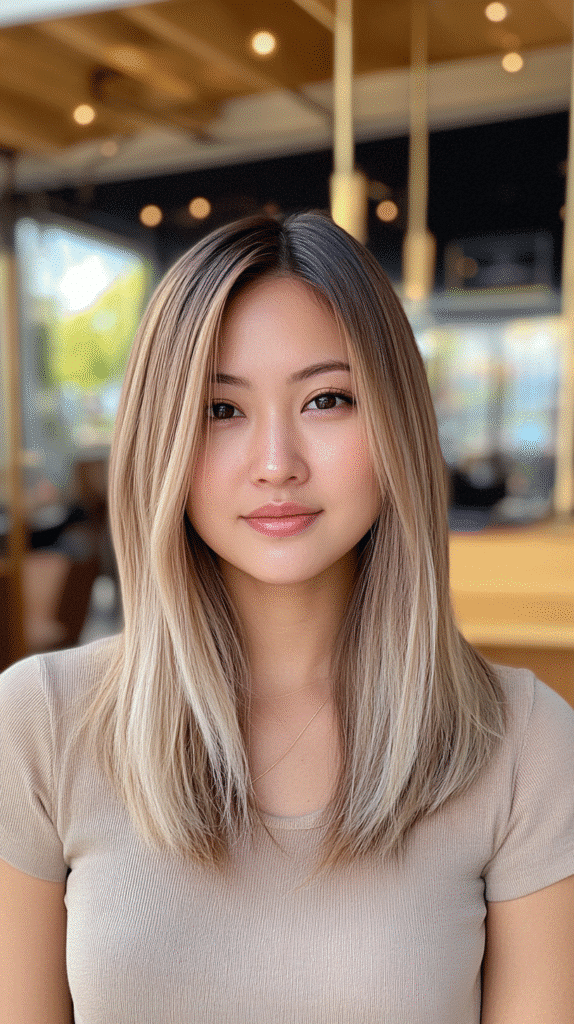 Medium-length straight hair with faint light blonde strands softly blended into a dark brown base.