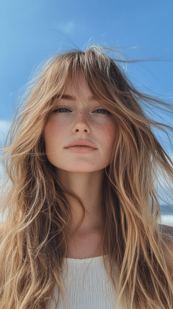 Woman with long beachy waves and curtain bangs draped along both sides of the face