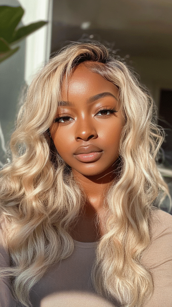 Shoulder-length beige blonde hair with a soft medium-brown root shadow and natural blending for a seamless finish.