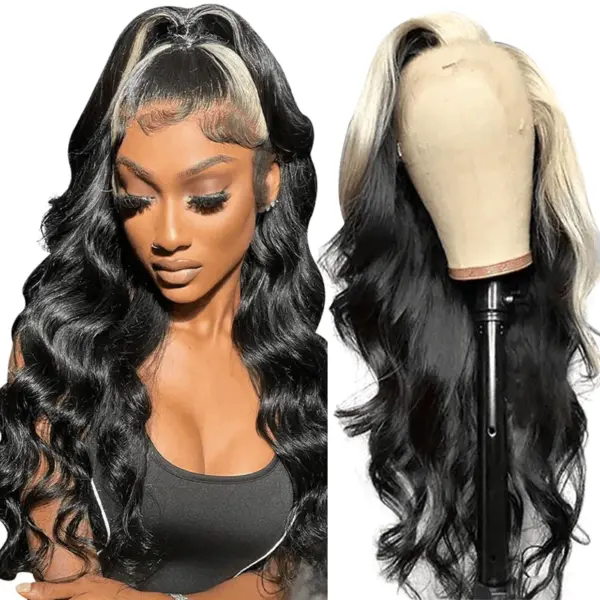 BlackAndHoneyBlonde613Color360GluelessHDLaceBodyWaveBrownHighlightsSkunkStripeLaceWig_05 Q613/1B Blonde Piano Highlight Color Wigs 180% Density Body Wave Glueless Lace Front 360 Human Hair Wig - 360 Lace / 180% / 28 inch
