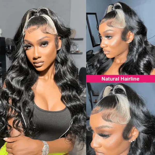 BlackAndHoneyBlonde613Color360GluelessHDLaceBodyWaveBrownHighlightsSkunkStripeLaceWig_07 Q613/1B Blonde Piano Highlight Color Wigs 180% Density Body Wave Glueless Lace Front 360 Human Hair Wig - 360 Lace / 180% / 28 inch