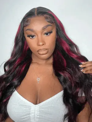 BlackWithRed_BlondeHighlights13x4LaceFrontRedAndBlondeLooseWaveWigMultiColorWig_07 Piano Black with Red & Blonde Wig Loose Wave 180% Density Human Hair Wig - 13x4 Lace / NO / 26inch