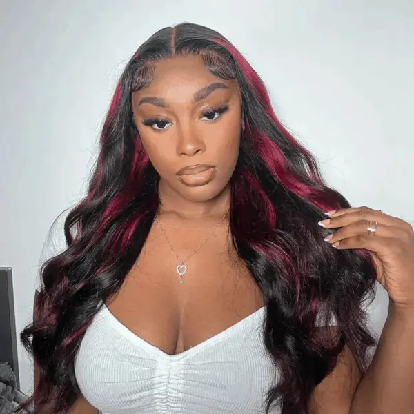 BlackWithRed_BlondeHighlights13x4LaceFrontRedAndBlondeLooseWaveWigMultiColorWig_07 Piano Black with Red & Blonde Wig Loose Wave 180% Density Human Hair Wig - 13x4 Lace / NO / 26inch