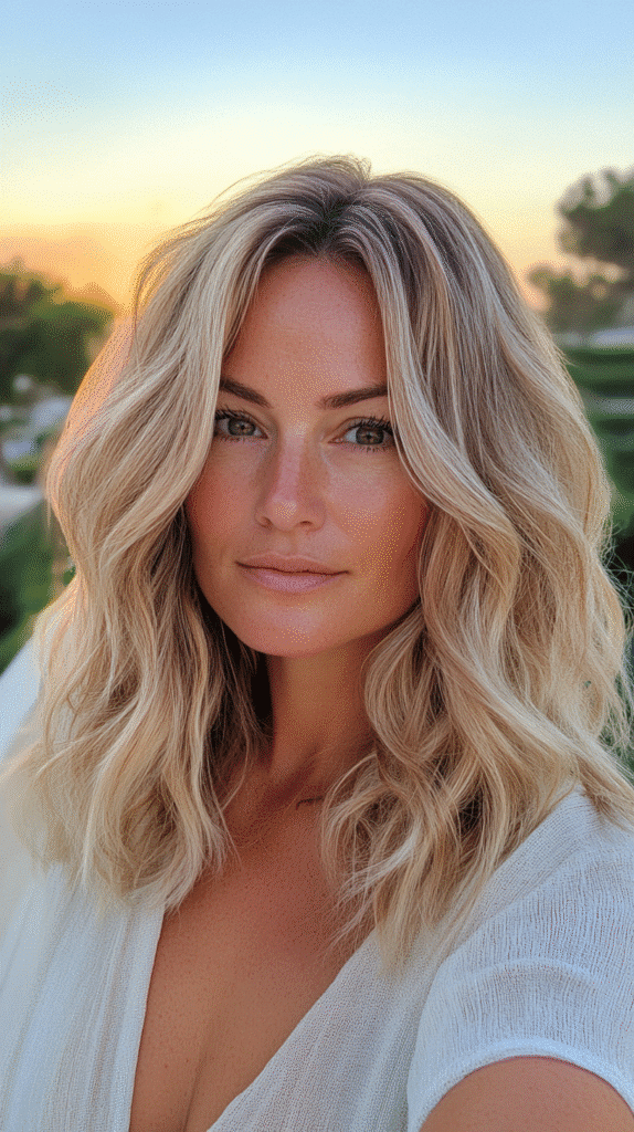Shoulder-length curls with blonde lowlights for contrast and soft golden highlights throughout.