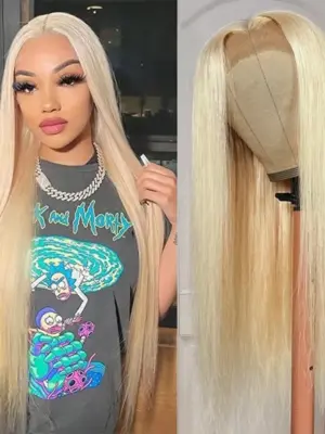 #613 Blonde Straight 180% Density Closure Lace Wig Human Hair Wig - 4x4 Lace / No / 26