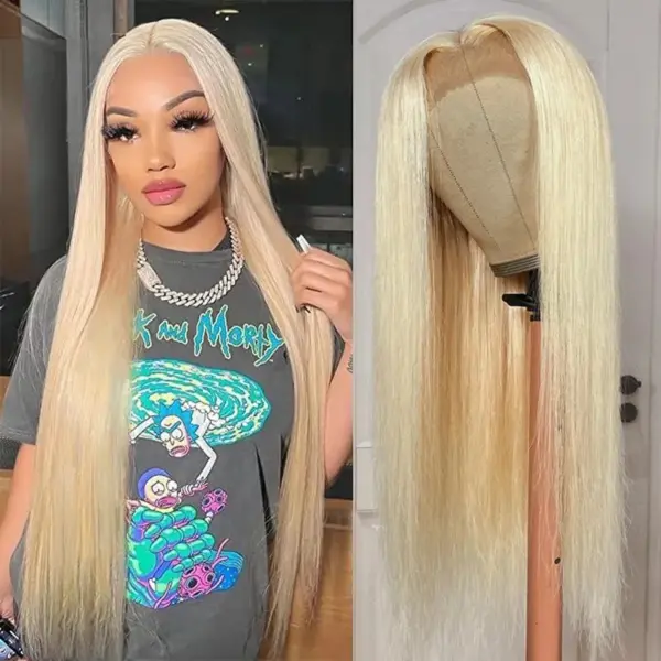 #613 Blonde Straight 180% Density Closure Lace Wig Human Hair Wig - 4x4 Lace / No / 26