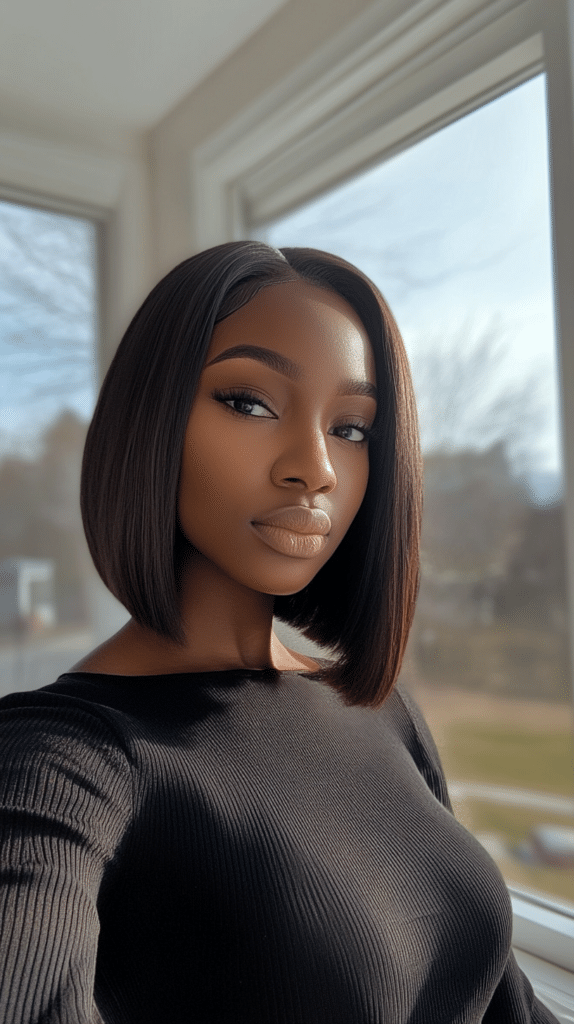 A sleek, chin-length blunt bob styled with a dramatic deep side part and smooth, straight texture.