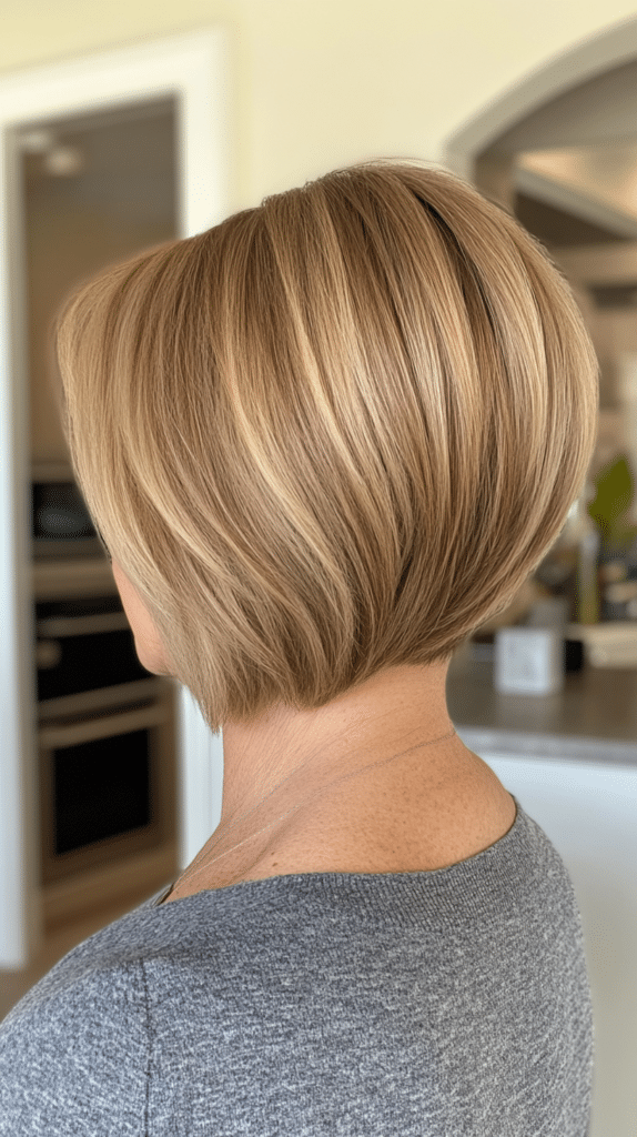 A voluminous bob with short stacked layers at the back and longer pieces in the front that reach the chin.