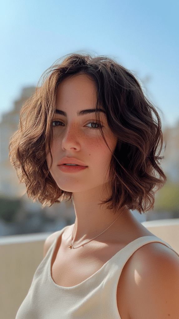 A wavy bob that falls to the chin with natural texture and body for a bold, carefree style.