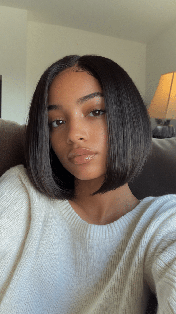 A perfectly straight bob with a center part and even length at the chin.

