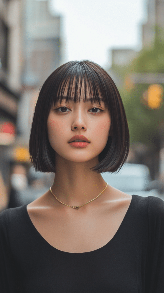 A sharp bob ending at the chin paired with thick, blunt bangs that fully cover the forehead.

