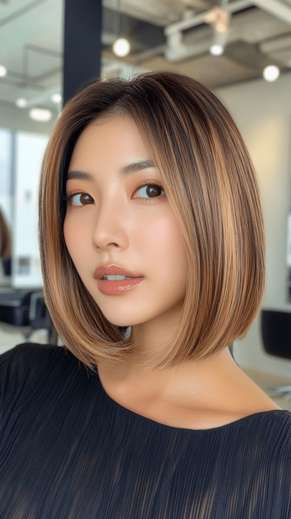 A smooth chin-length bob featuring thick, contrasting highlights for a bold pop of color.
