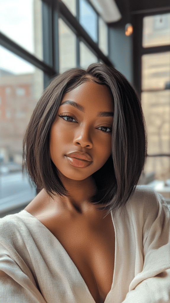 A bob with soft, feathered layers around the chin that flip outward for a light, airy style.