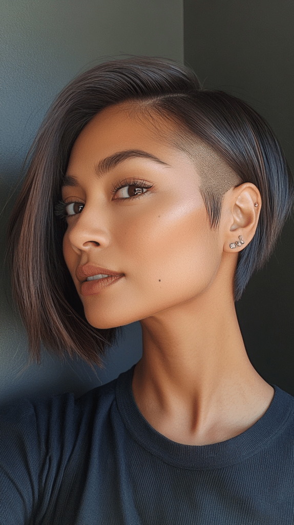A sleek chin-length bob with a hidden undercut section beneath one side.