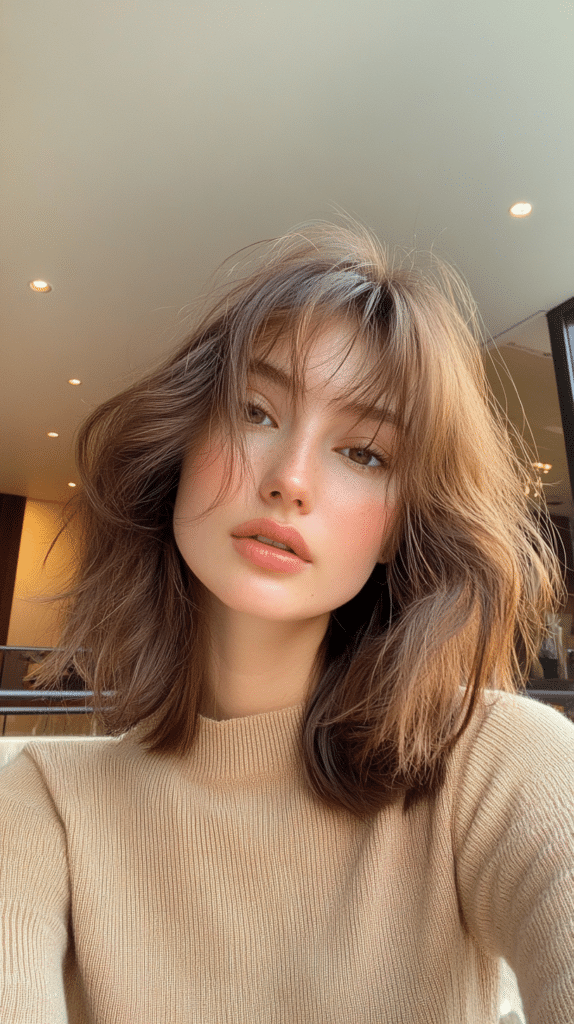 Woman with a choppy medium-length haircut and long curtain bangs