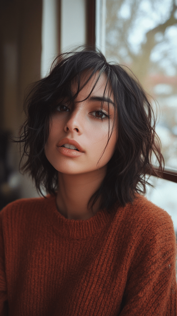 Woman with a choppy mid-length haircut, uneven ends and natural, messy texture