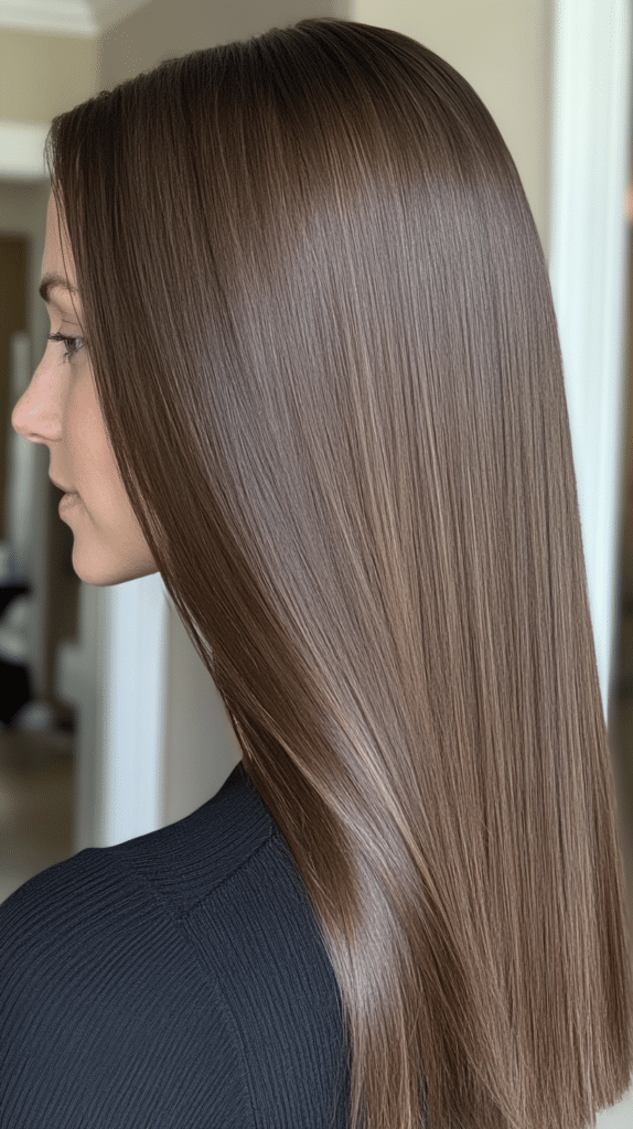 Woman with sleek waist-length hair styled with a deep side part