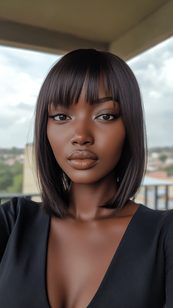 Woman with a blunt collarbone-length haircut and straight side bangs

