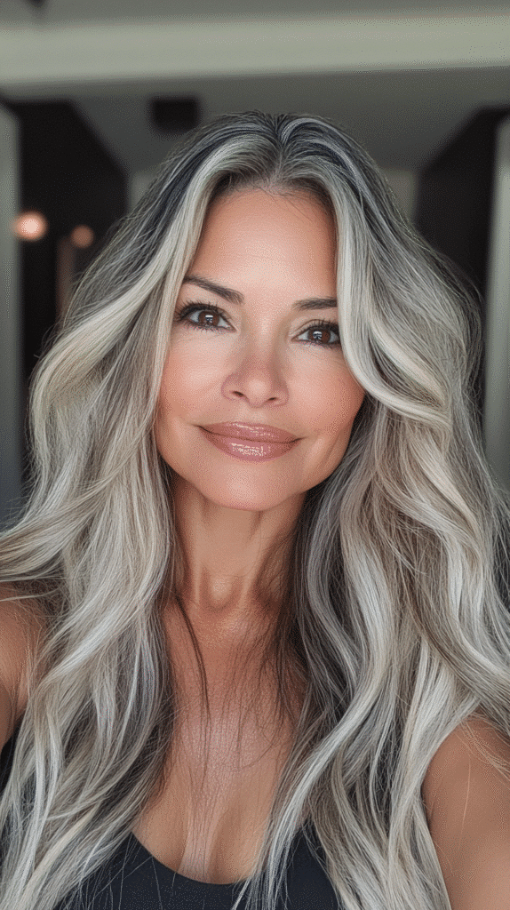 Long wavy hair with cool blonde balayage and visible depth from darker roots and mid-tones.