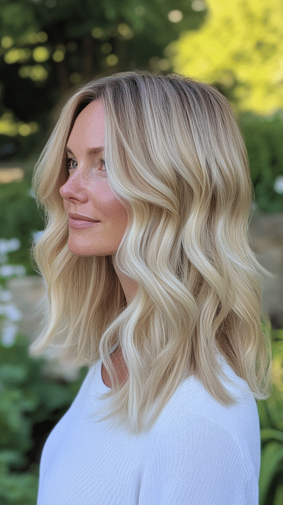 Mid-length wavy hair in cream blonde that fades gradually into a softer tone toward the ends.