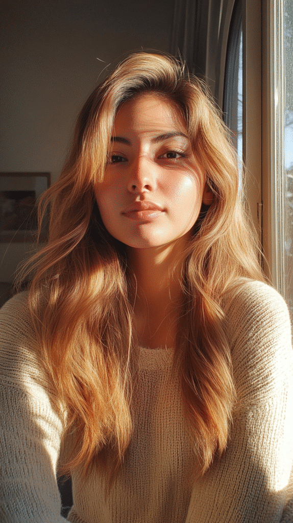 Long wavy hair in creamy honey blonde with warm, buttery tones and an even, glossy color throughout.