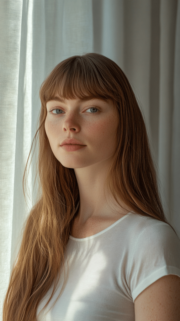 Woman with long straight hair and curtain bangs that part in the center