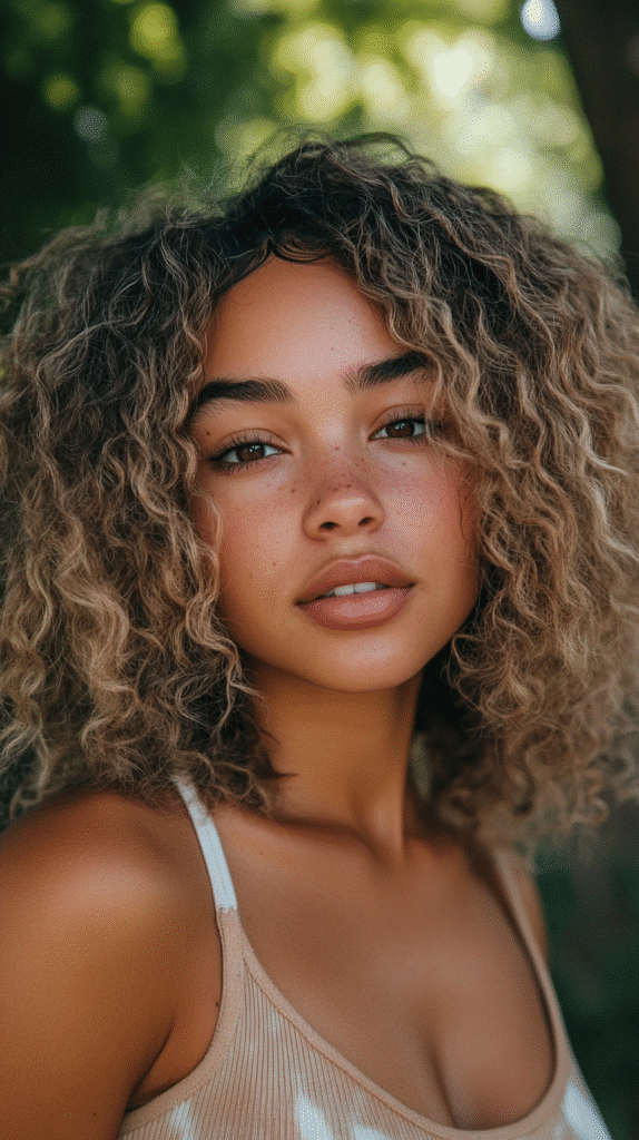 Long loosely curled hair in dark blonde with slightly grown-out roots for a lived-in, natural style.