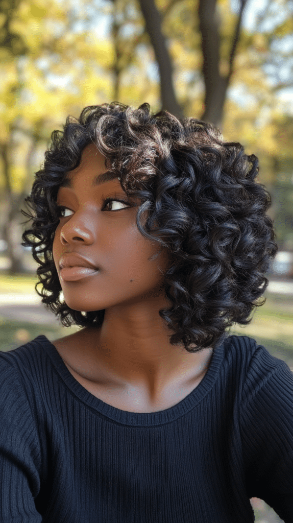 A curly bob cut at the chin with tight, springy curls shaped in a rounded silhouette.