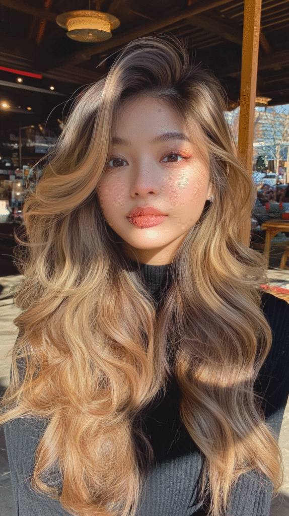 Long softly curled hair with dimensional tones of golden, beige, and honey blonde.