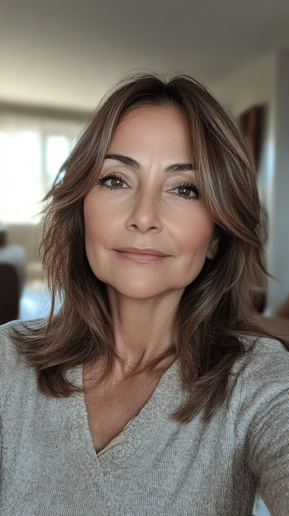 Woman with feathered mid-length hair, layered softly from the cheekbones down
