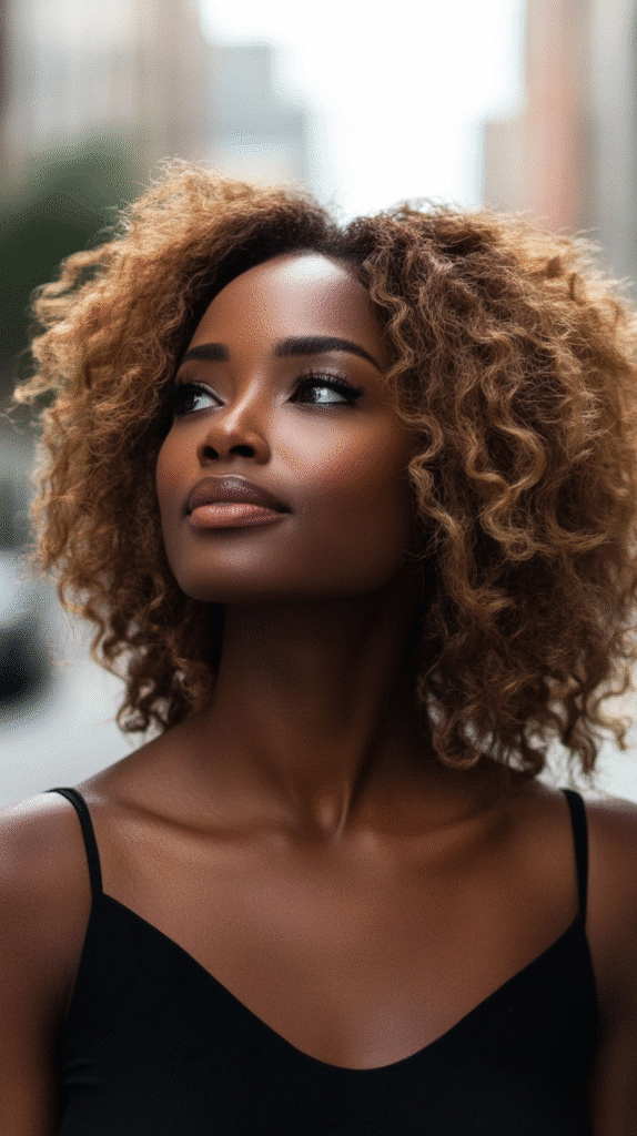 Shoulder-length coily hair with golden baby blonde ends and contrasting dark brown roots.