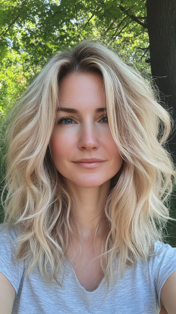 Medium-length layered waves with hand-painted soft blonde highlights focused on outer layers.