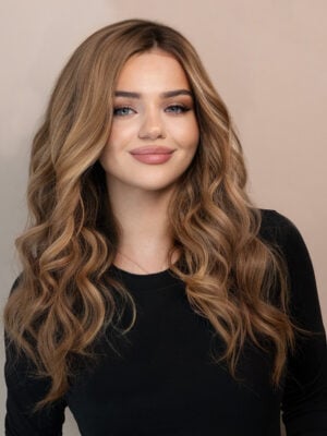 front lace human wig - 20" dark blonde balayage.