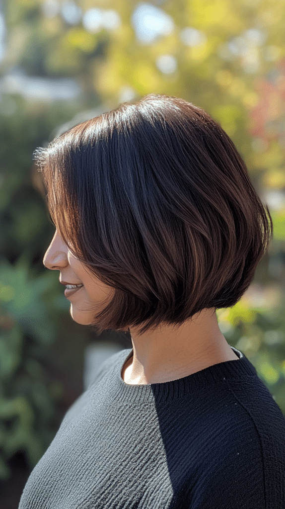 A dramatic bob with short stacked layers in the back angling forward into longer chin-length front pieces.

