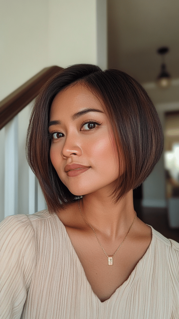 A blunt bob cut at the jawline with slightly beveled edges for a clean and balanced shape.